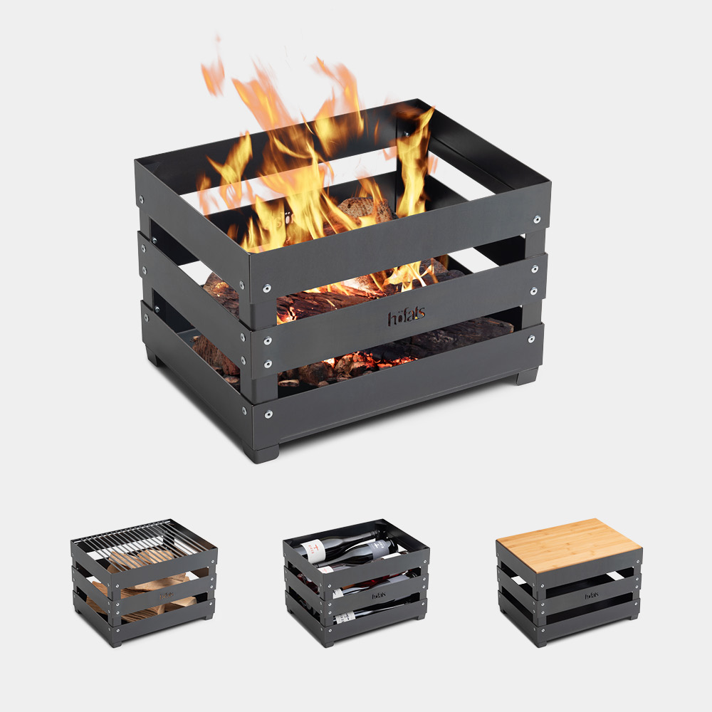 a fire pit with a wooden box and a fire pit, creating a stylish and accessible visual.