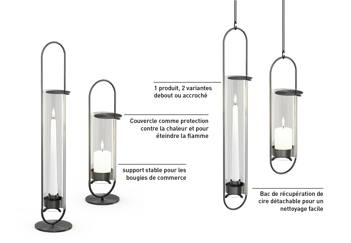 Découvrez les deux types différents de la OVAL CANDLE. Avec une variante debout ou suspendue.