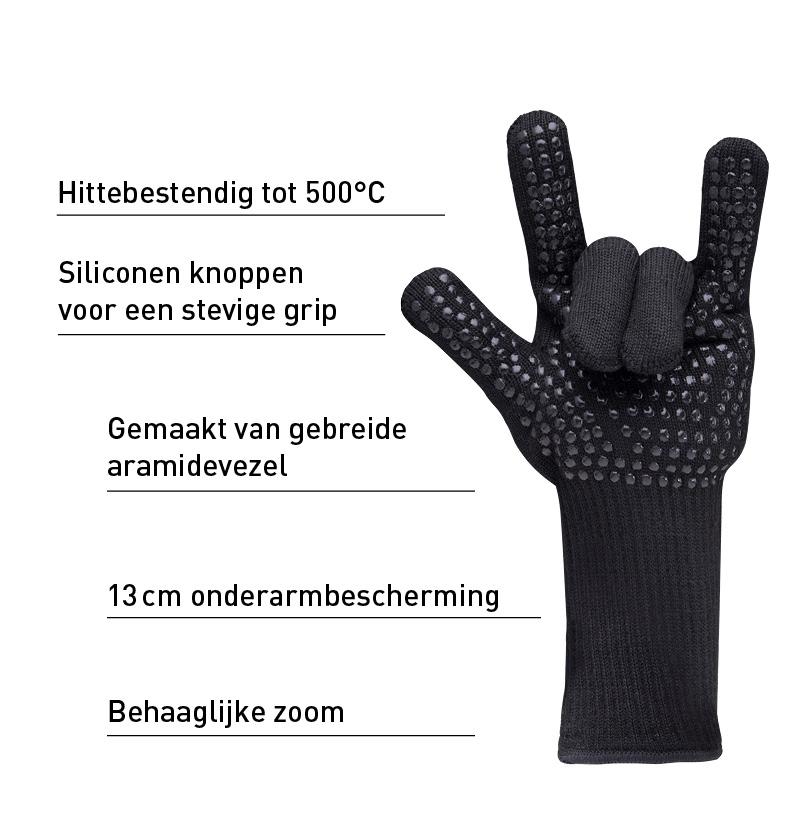 Een zwarte handschoen met een zwart stippenpatroon op de vingers, toont de kenmerken van de aramide handschoen.