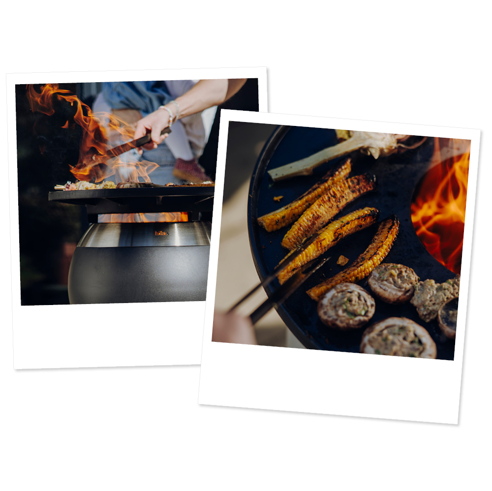 two pictures of a person cooking food on a grill