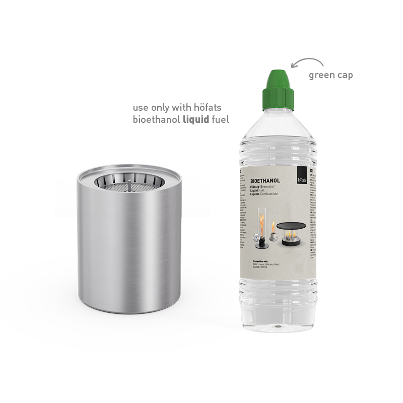 Bioethanol-Burner 1200 mit Eco-Ring und Löschdeckel Eine Flasche Ethanol und ein BioBurner