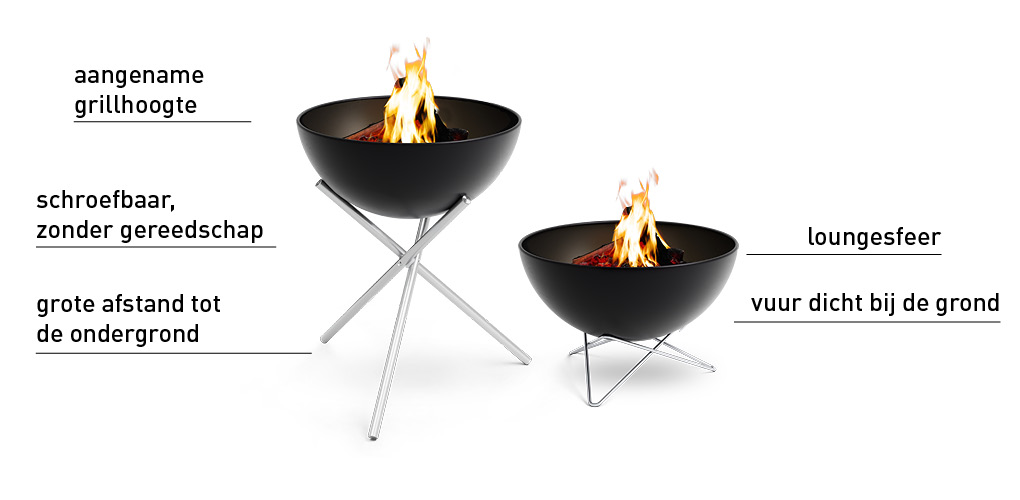 Scène met twee zwarte vuurschalen. Een vergelijking tussen de twee komvarianten.