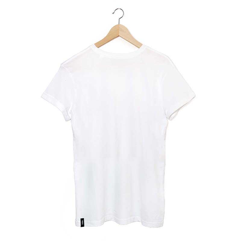 A depiction of a white t shirt hanging on a hanger