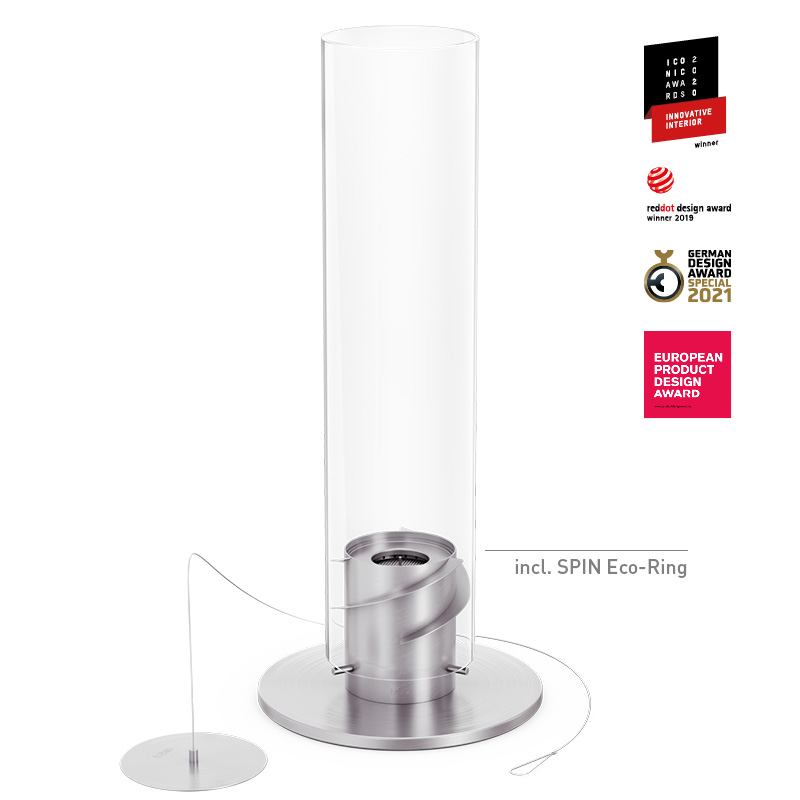 SPIN 1500 Pedestal Fireplace silver An image showing a glass tube with a metal stand, with the SPIN 1500 Pedestal Fireplace silver.