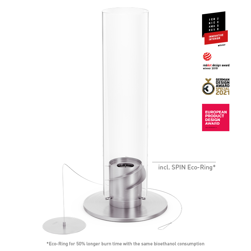 SPIN classic 1500 Tischfeuer silber Ein Bild zeigt ein Glasrohr mit einem Metallständer, mit dem SPIN 1500 Standkamin in Silber.