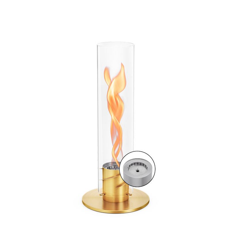 SPIN 1200 Tabletop Fireplace gold The 00699 Spin 1200 Tablefire Gold is shown as a glass cylinder with a flame inside, creating a stylish and accessible visual.