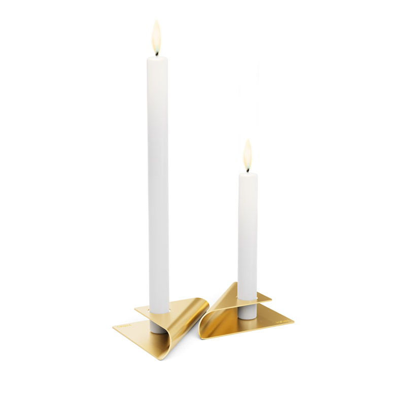 SQUARE CANDLE Candleholder gold An image showing a pair of candles with a white candle, with the SQUARE CANDLE Candleholder gold.