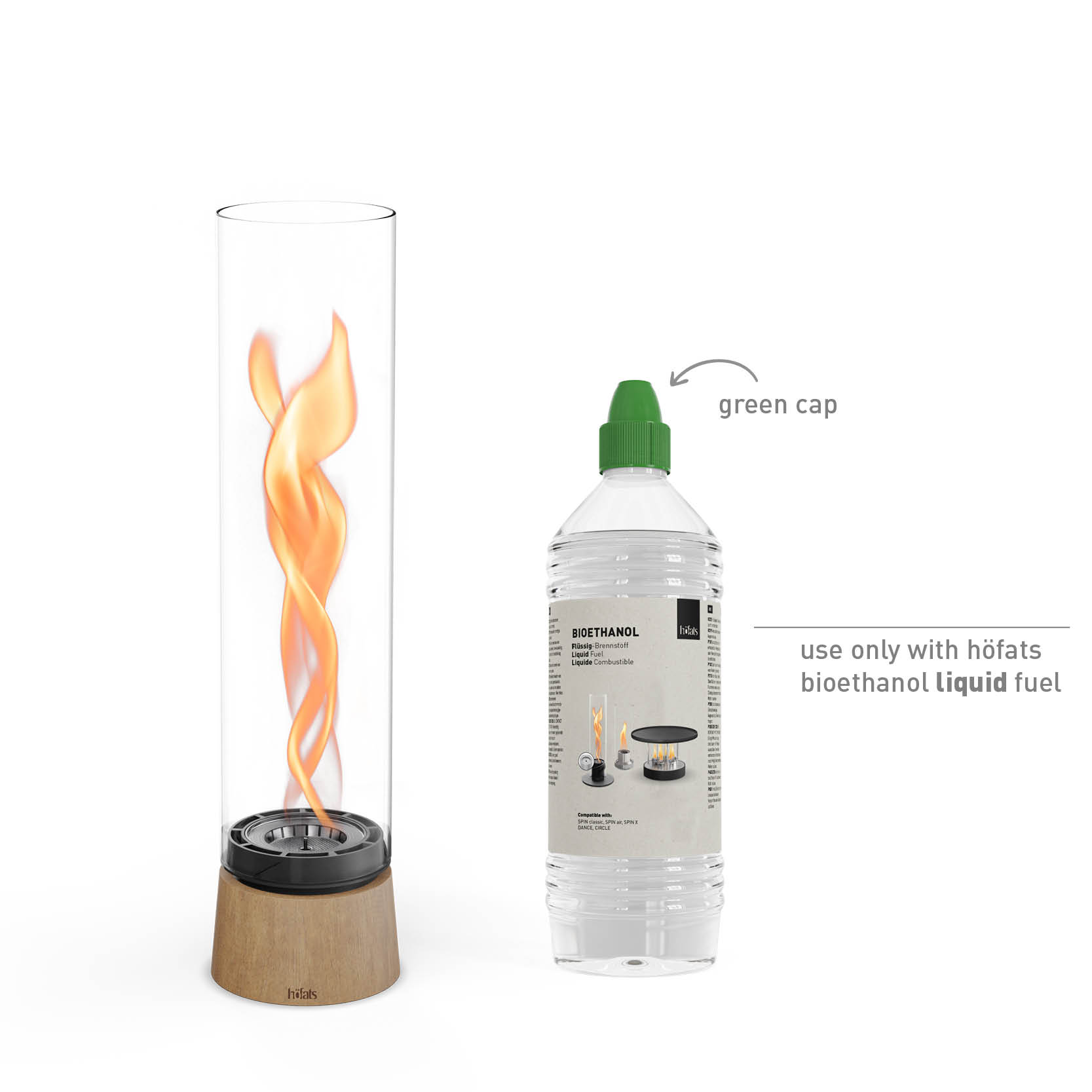 SPIN air 1200 Tabletop fireplace oak SPIN air 1200 Tischfeuer Eiche Studiobild, daneben Bioethanol flüssig Studiobild.