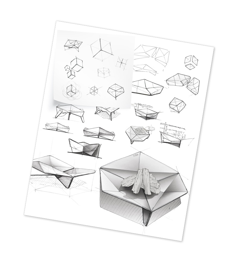 Scene showing a white sheet with a scematic drawing the Triple Fireplace