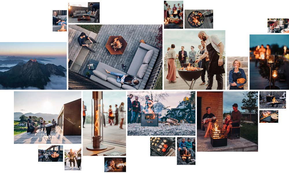 a collage of images of people sitting around a fire pit.