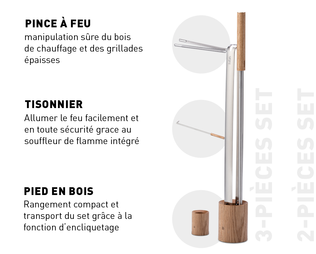 Une vue des outils de feu avec une base en bois et une base en métal