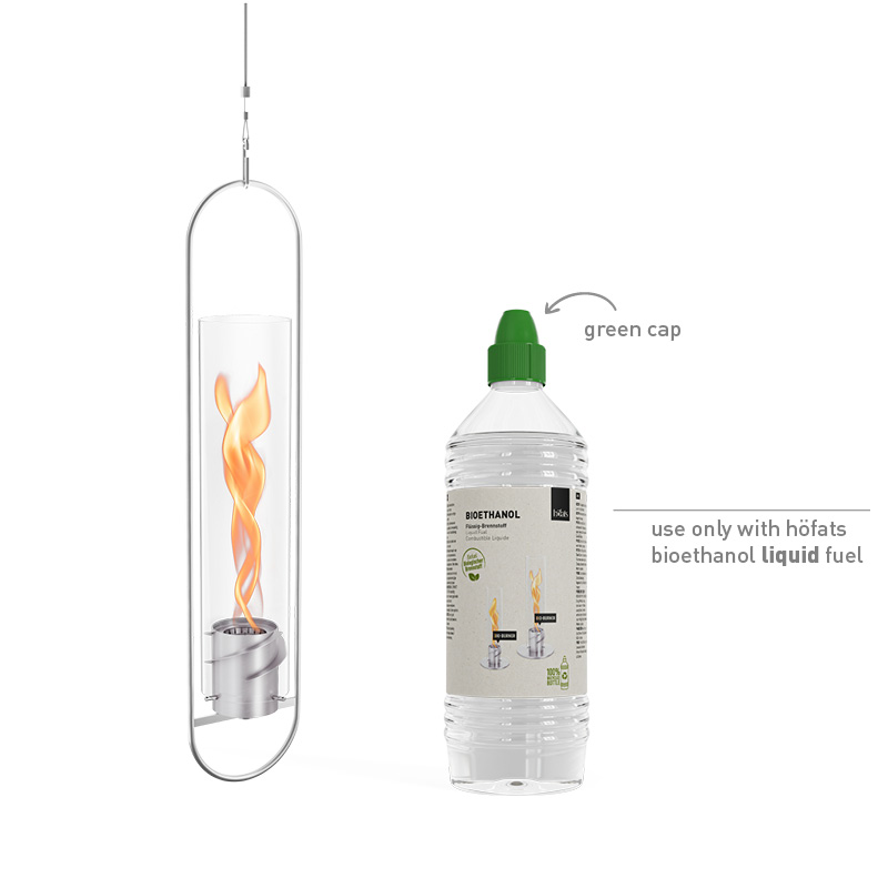 A depiction of a bottle of bioethanol liquid next tothe Spin 900 Hanging Fire as a central and purposeful element.