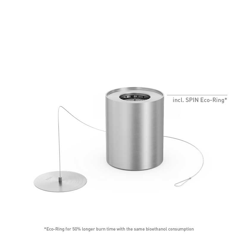 Bioethanol-Burner 900 mit Eco-Ring und Löschdeckel Eine Darstellung des 900 BioBurners und seines Deckels mit einem weißen Hintergrund