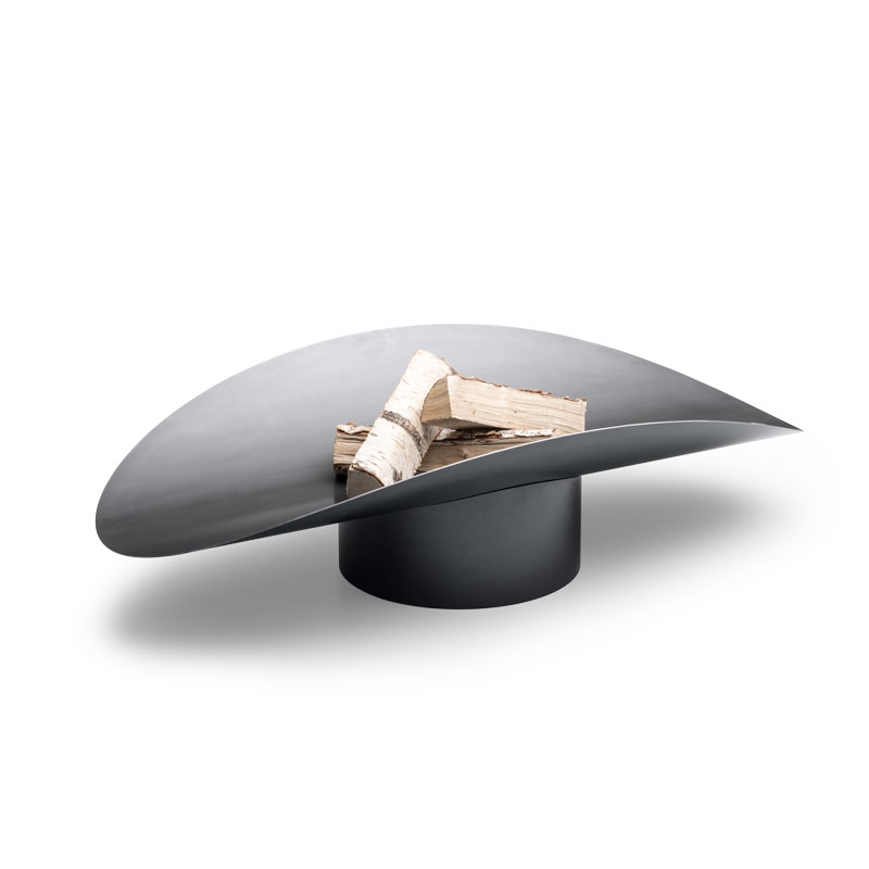 ELLIPSE Fire Bowl The photo presents a black hat with a pile of wood, with the ELLIPSE Fire Bowl.