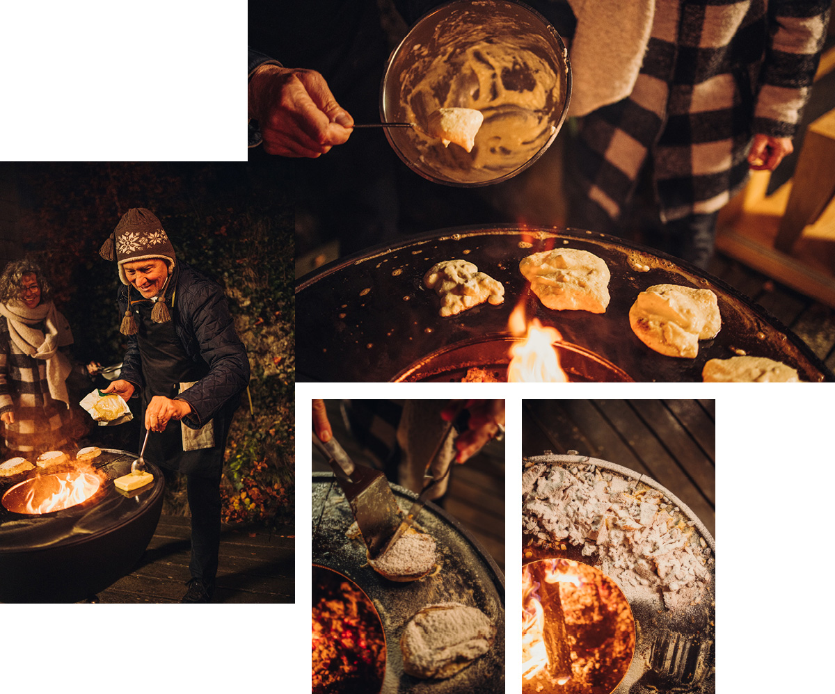 Op de afbeelding is een man te zien die eten aan het bereiden is op een grill, met de BOWL Fire Bowl.