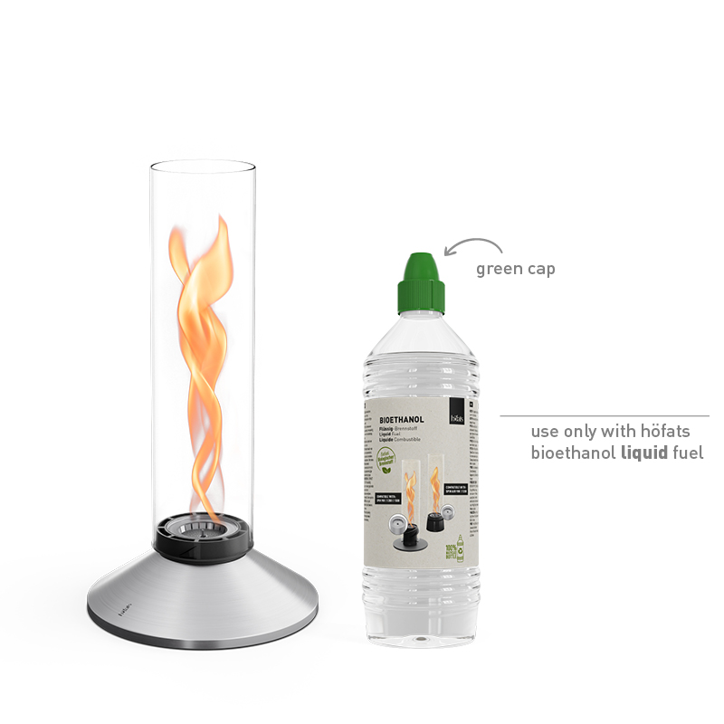 SPIN X 900 Tabletop Fireplace silver SPIN X 900 Tischfeuer silber Studiobild, daneben Bioethanol flüssig Studiobild