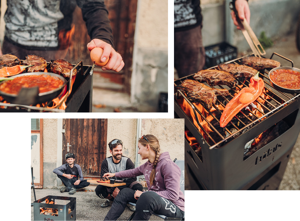 Une vue d'un homme et d'une femme cuisinant de la nourriture sur un grill, avec le brasero BEER BOX.