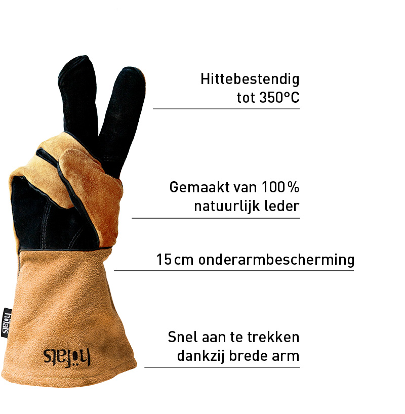 Een leren handschoen die de kenmerken van de Tools leren handschoen toont.