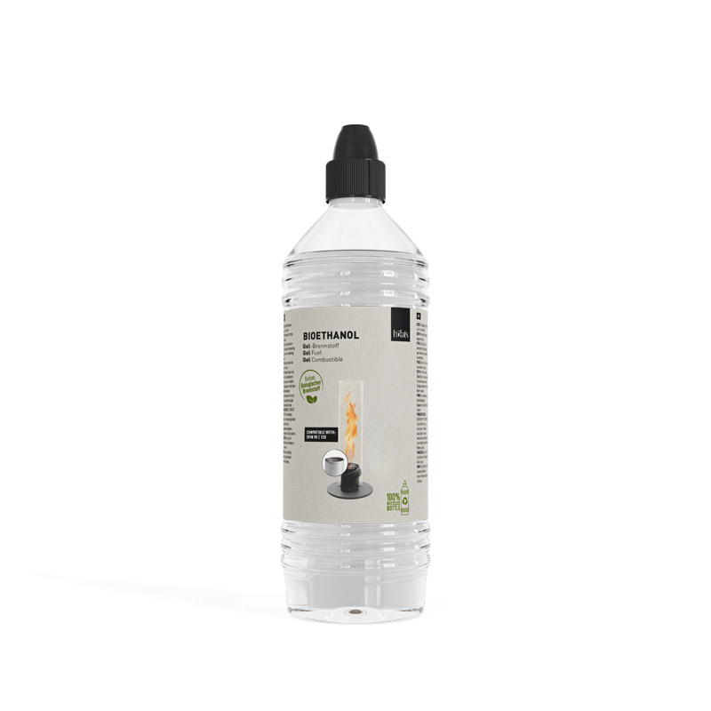 Bioethanol 1l Flasche Gel-Brennstoff Eine Flasche Flüssigkeit mit schwarzem Deckel, die die 090801 Bioethanol Gel 1-Liter-Flasche zeigt.
