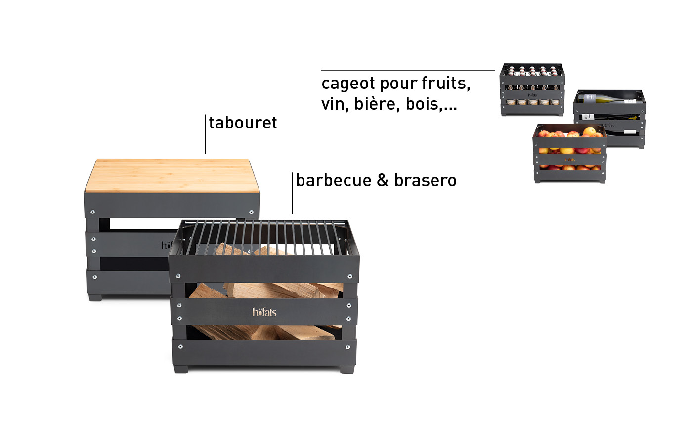 Le brasero CRATE est présenté avec ses accessoires et ses utilisations possibles.