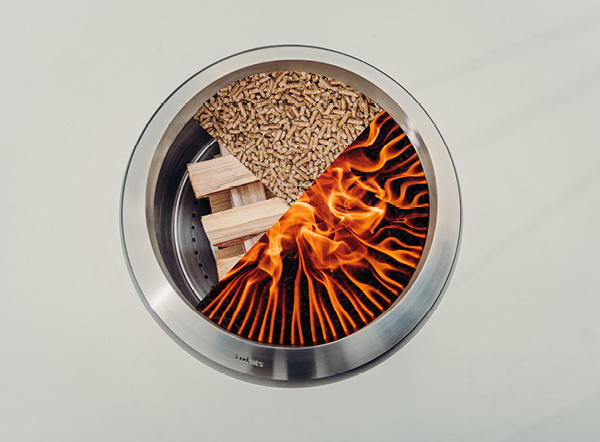 fire pit with a fire inside, showing the different types of wood to be used in the moon 45