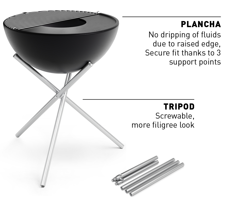 A view of a barbecue grill with a large grill on top, with the BOWL 57 Plancha Print EN.