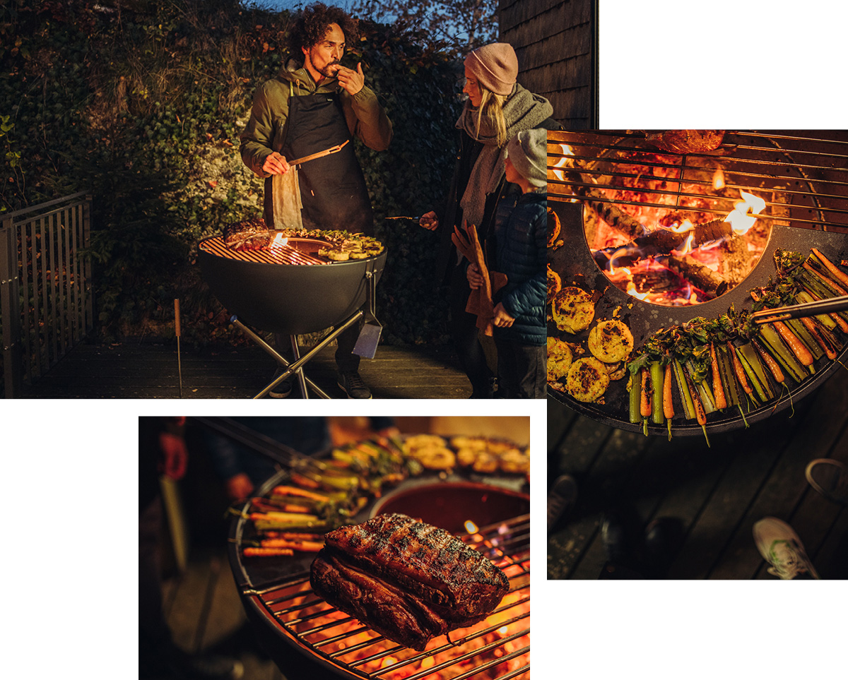 De foto toont een paar dat eten bereidt op een grill, met de BOWL Fire Bowl.