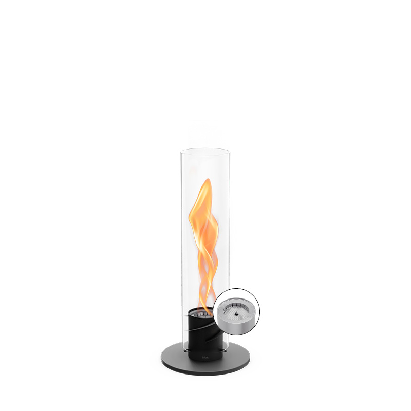 SPIN 900 Tabletop Fireplace black The 00693 Spin 900 Tablefire black is shown as a black and white flame on a white background, creating a stylish and accessible visual.