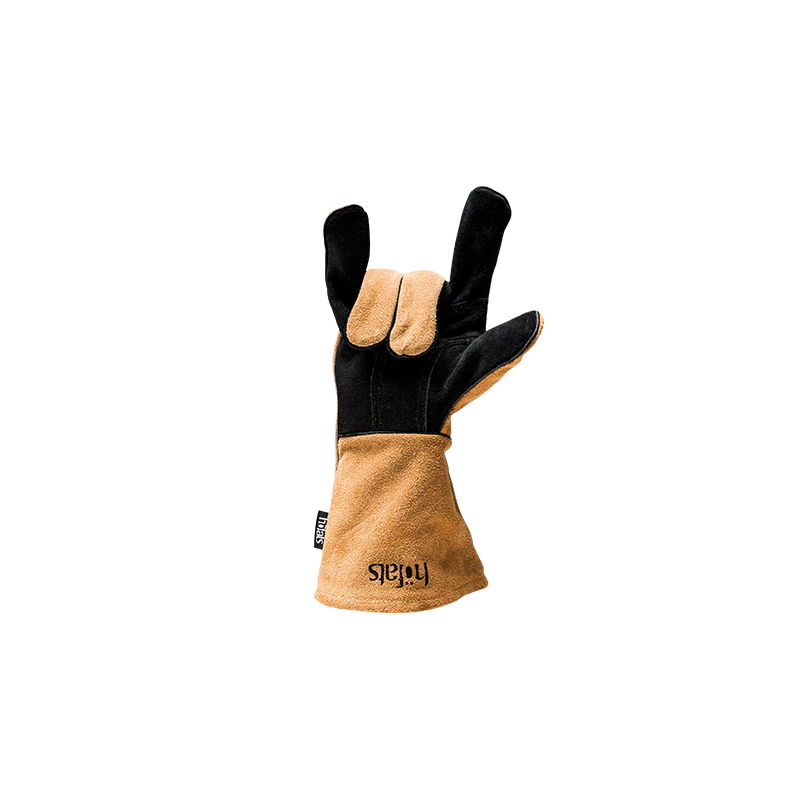 a pair of gloves with a black and tan color.