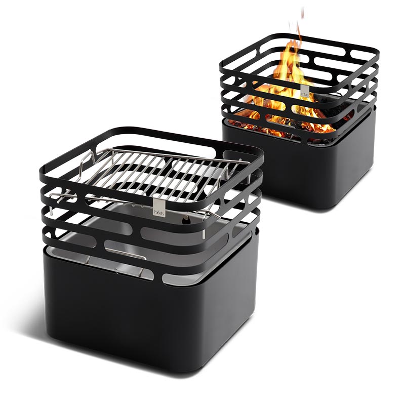 CUBE BBQ Set black a black steel grill with grid inside on white background, the Cube BBQ Set