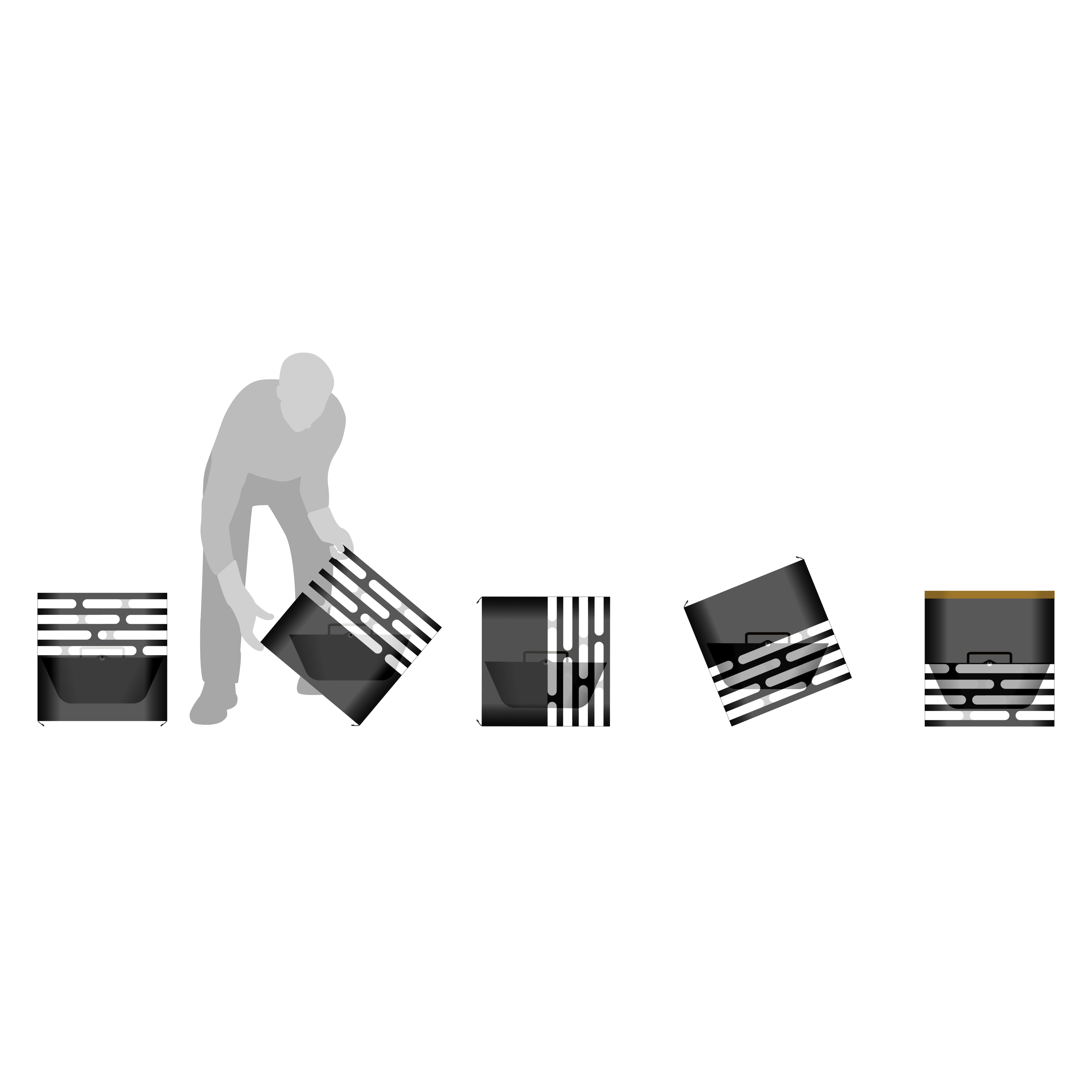 CUBE Feuerkorb schwarz Auf dem Foto ist ein Mann zu sehen, der einen Stapel Kisten mit dem CUBE Brett schiebt.