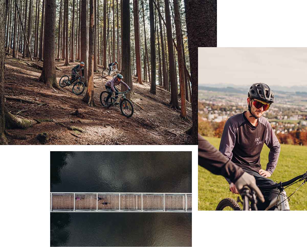 Ici est représenté un homme qui fait du vélo dans les bois, avec le brasero BEER BOX.