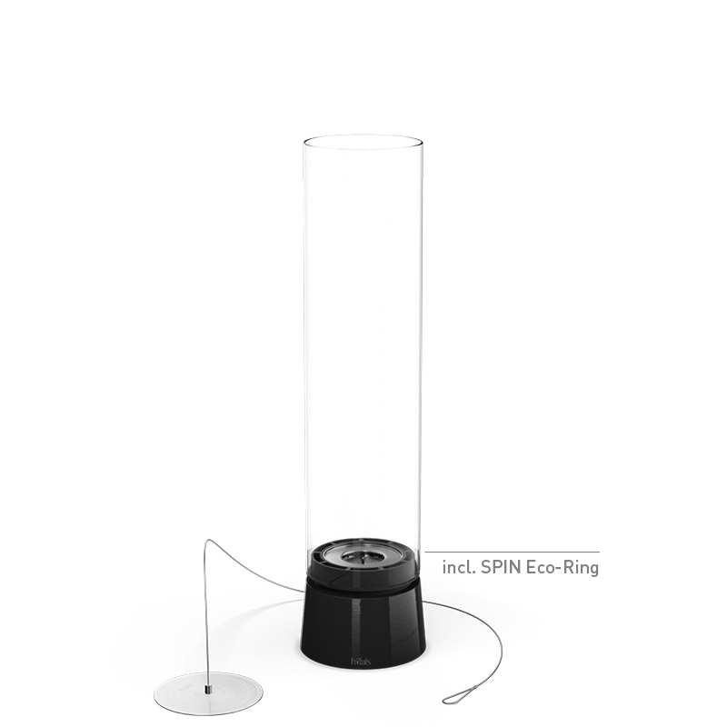 The 00777 Spin Air 1200 Tablefire Emaille black is shown as a black base with a glass cylinder, creating a stylish and accessible visual.