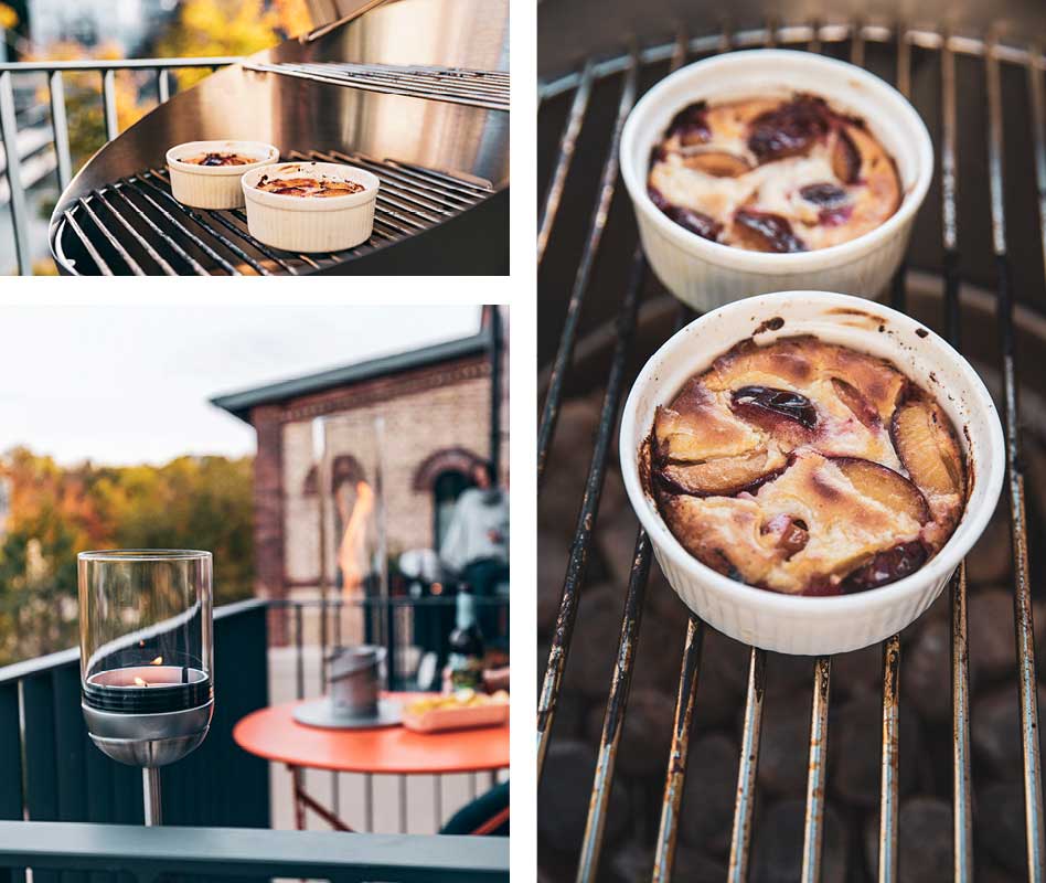 De foto toont een collage van een barbecue, een glas wijn en een taart, met de CONE.