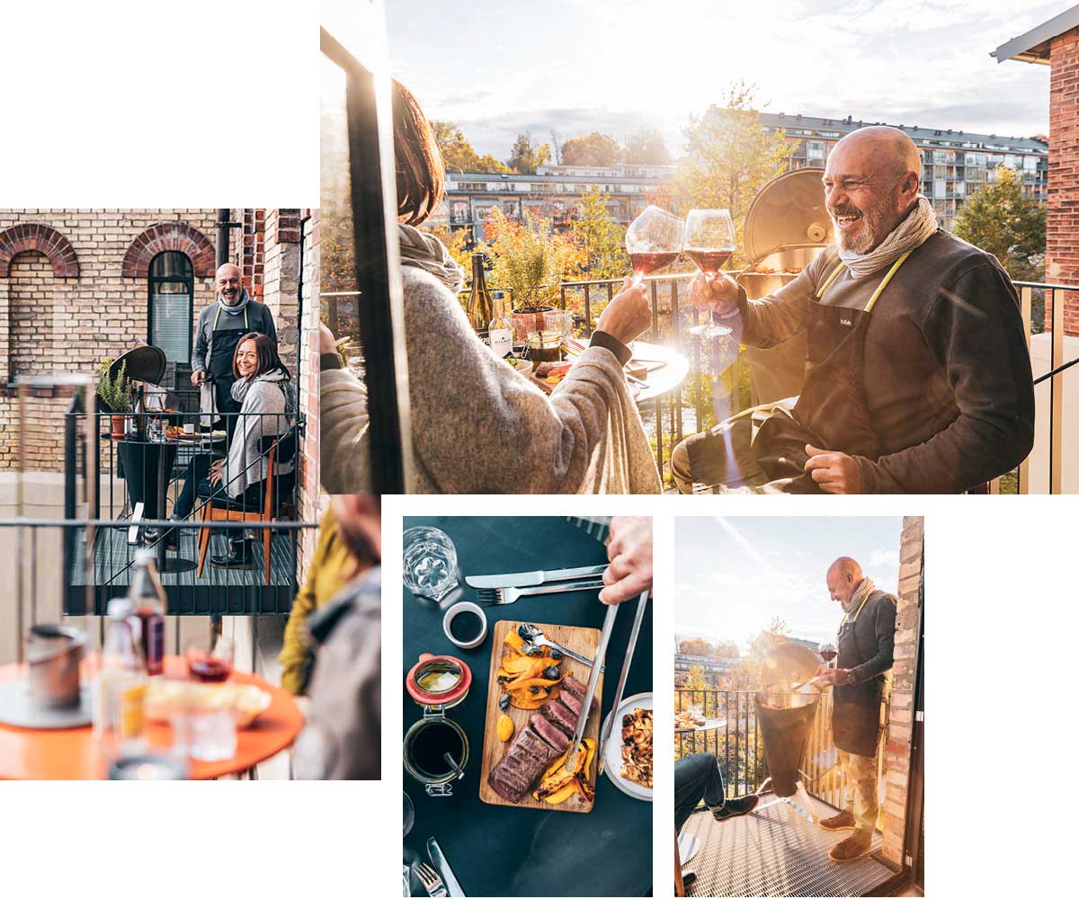 De foto toont een collage van foto's van mensen die genieten in een restaurant, met de CONE.