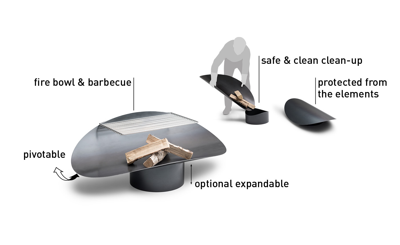 The photo presents a diagram of the fire pit with the different parts, with the ELLIPSE Fire Bowl.