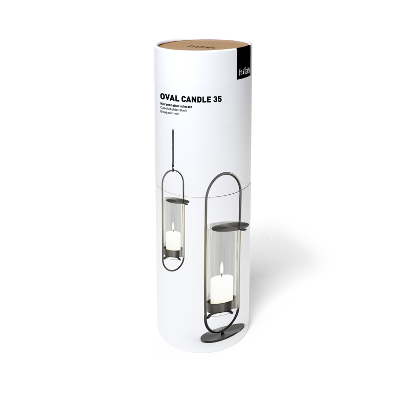 OVAL CANDLE 35 Lantaarn zwart geborsteld Stijlvol en doelgericht, de verpakking van de Oval Candle 35 voegt een verfijnd element toe aan de omgeving.