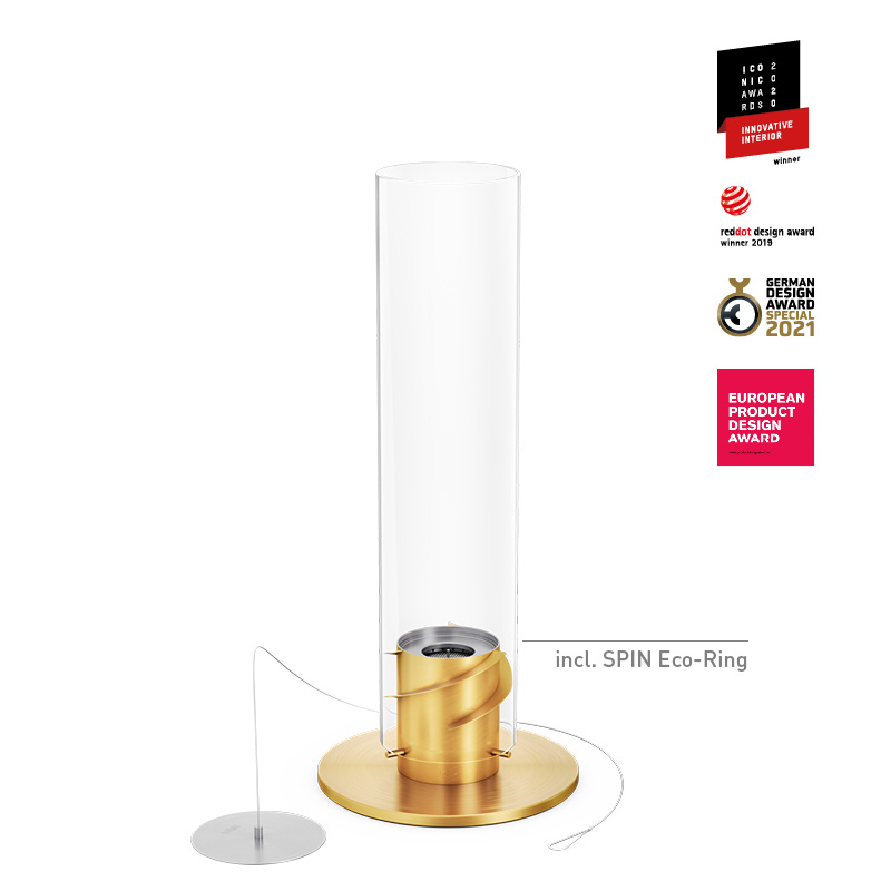 SPIN classic 1200 Tischfeuer gold Ein Blick auf den gold-weißen Glaszylinder mit goldener Basis, mit dem SPIN 1200 Tischkamin in Gold.