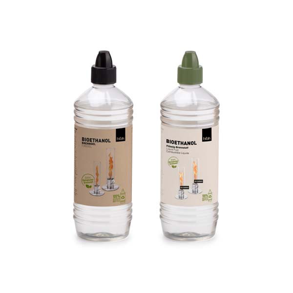 A depiction of two bottles of bioethanol with a green cap and a black cap, showing the differences between gel and liquid ethanol
