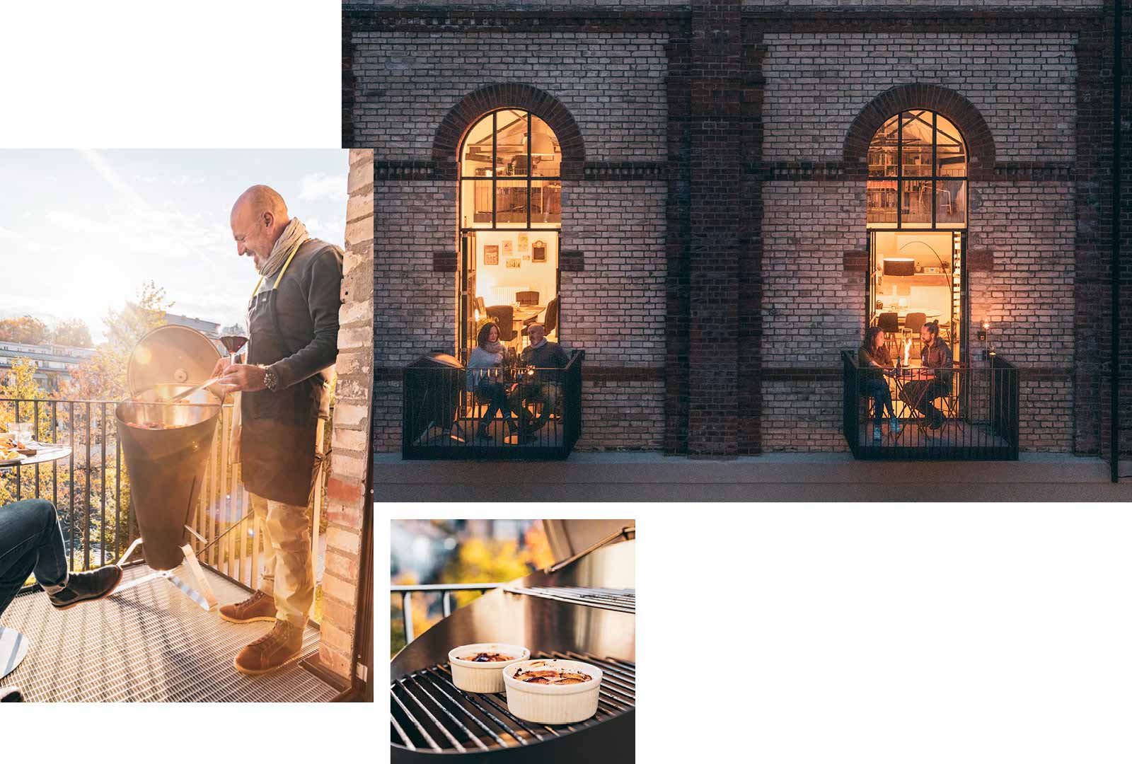 An image showing a man sitting on a balcony with a grill and a woman standing on the balcony, with the CONE.