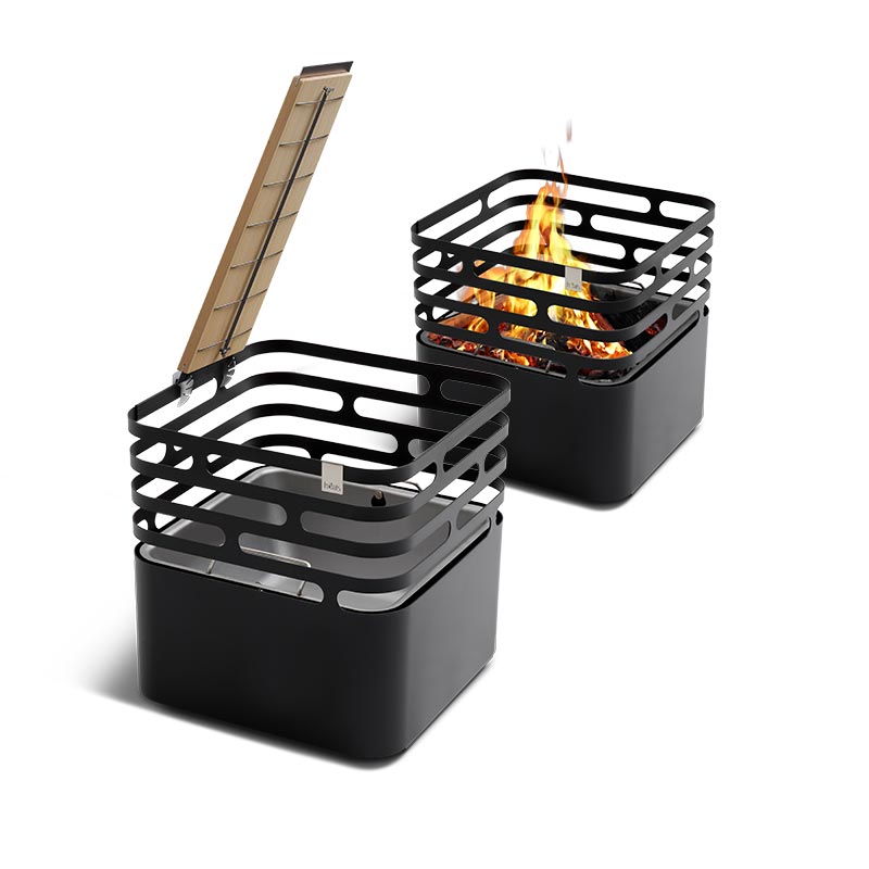 Eine Darstellung von zwei schwarzen Feuerstellen mit brennender Flamme, wobei das Cube Ocean Set als zentrales und zweckmäßiges Element dargestellt wird.