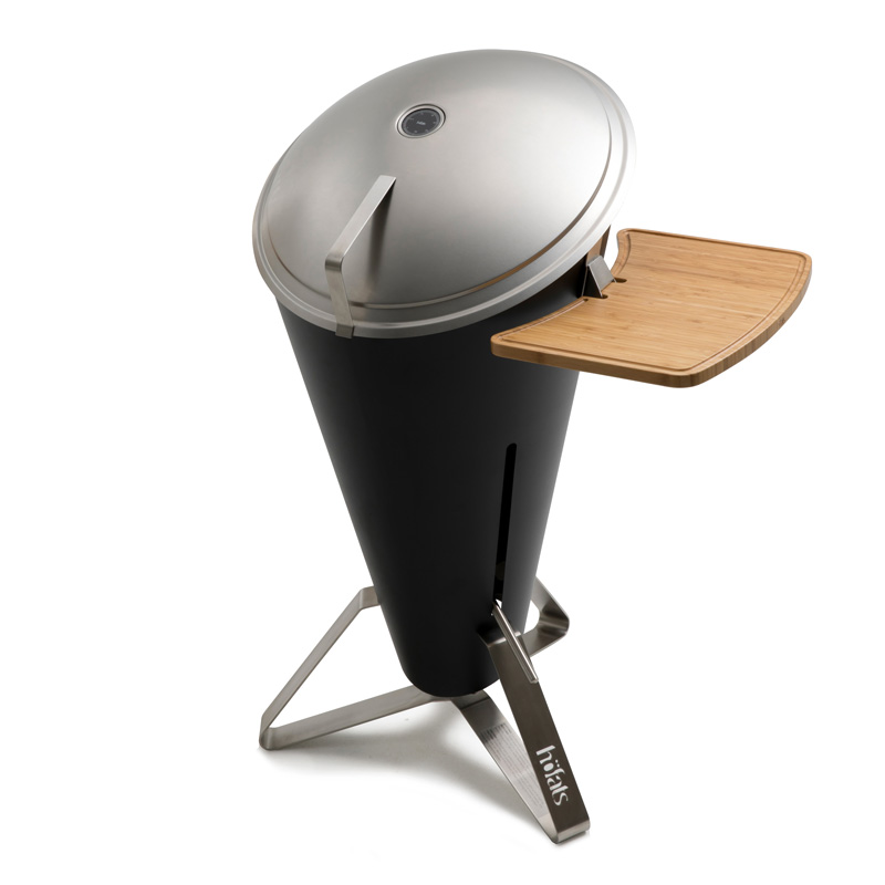 CONE Board A view of a barbecue grill with a wooden tray on top, with the CONE Board.