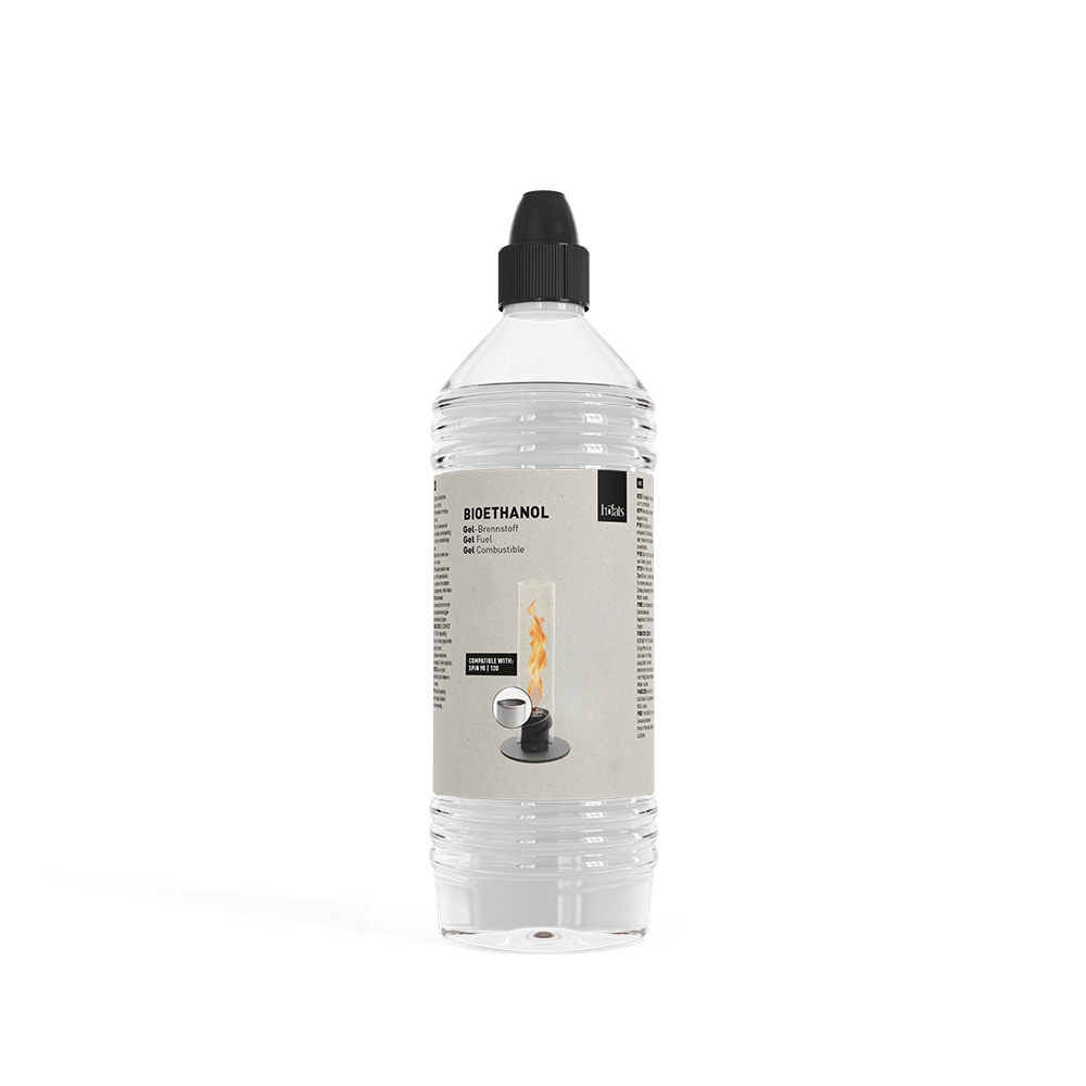 Abgebildet ist eine Flasche mit einer schwarzen Kappe, mit dem Logo des Tischkamins SPIN.