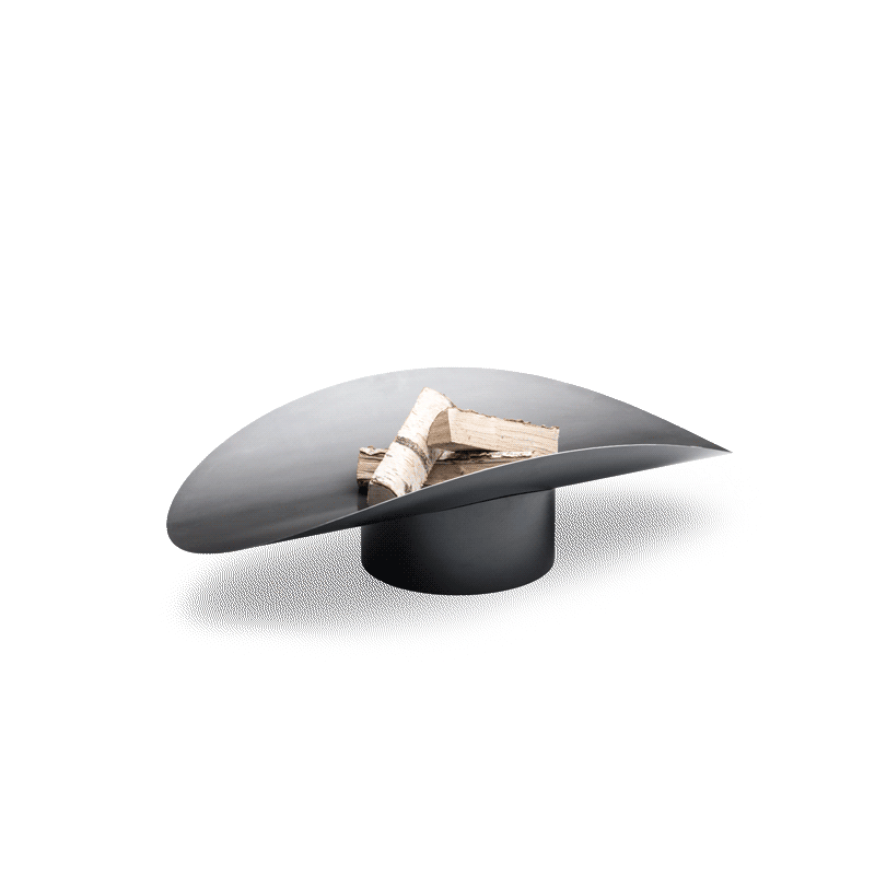 A view of a black vase with a gold leaf on it, with the ELLIPSE Fire Bowl.