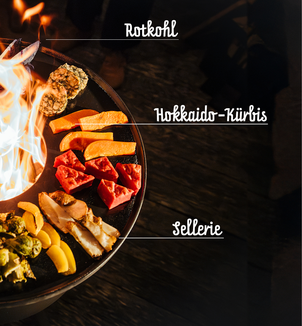 Eine Darstellung einer Bowl mit Essen und einem Feuer im Hintergrund