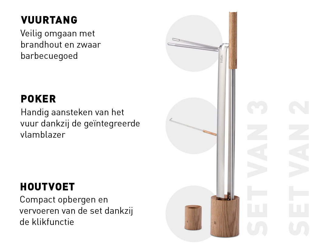 Een afbeelding van een houten basis, met een metalen paal en een tang, waarbij de Brandgereedschappen als centraal en doelgericht element worden getoond.