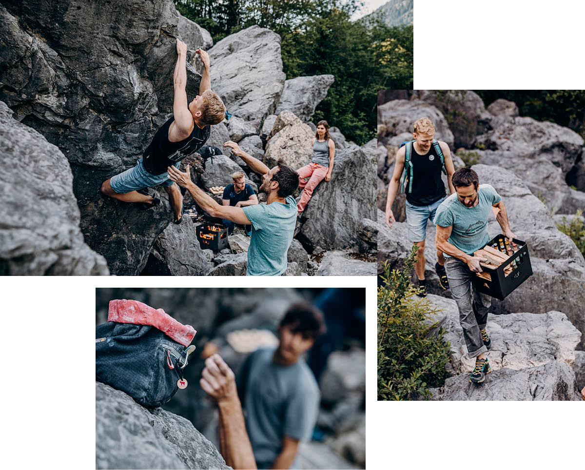 Auf dem Bild ist ein Mann zu sehen, der einen Felsen erklimmt, während ein anderer Mann eine Kamera hält, mit dem BEER BOX Feuerkorb.