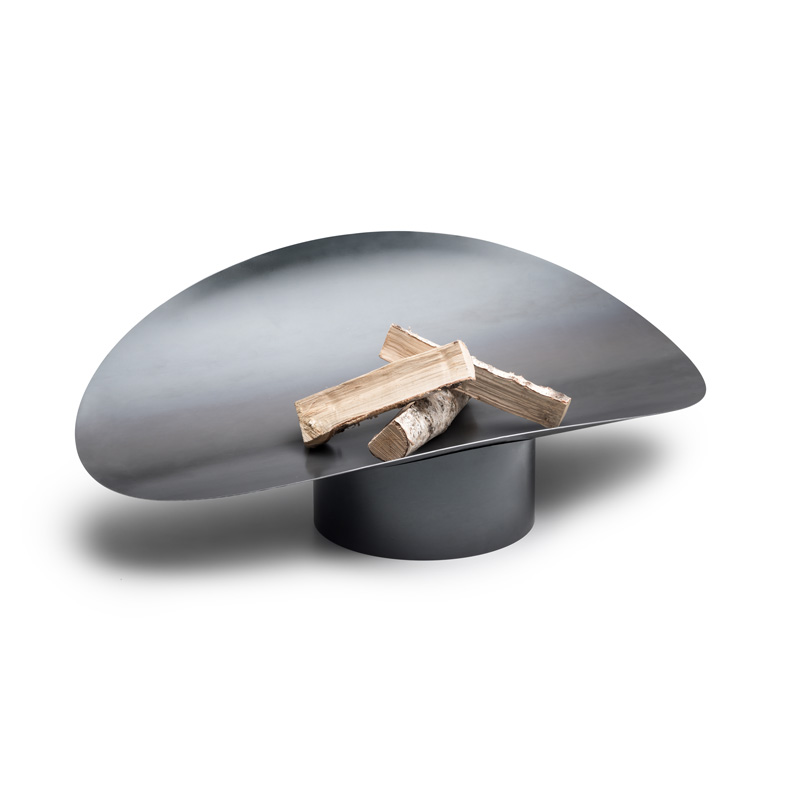 ELLIPSE Fire Bowl Depicted here is a black and white sculpture with a piece of wood, with the ELLIPSE Fire Bowl.