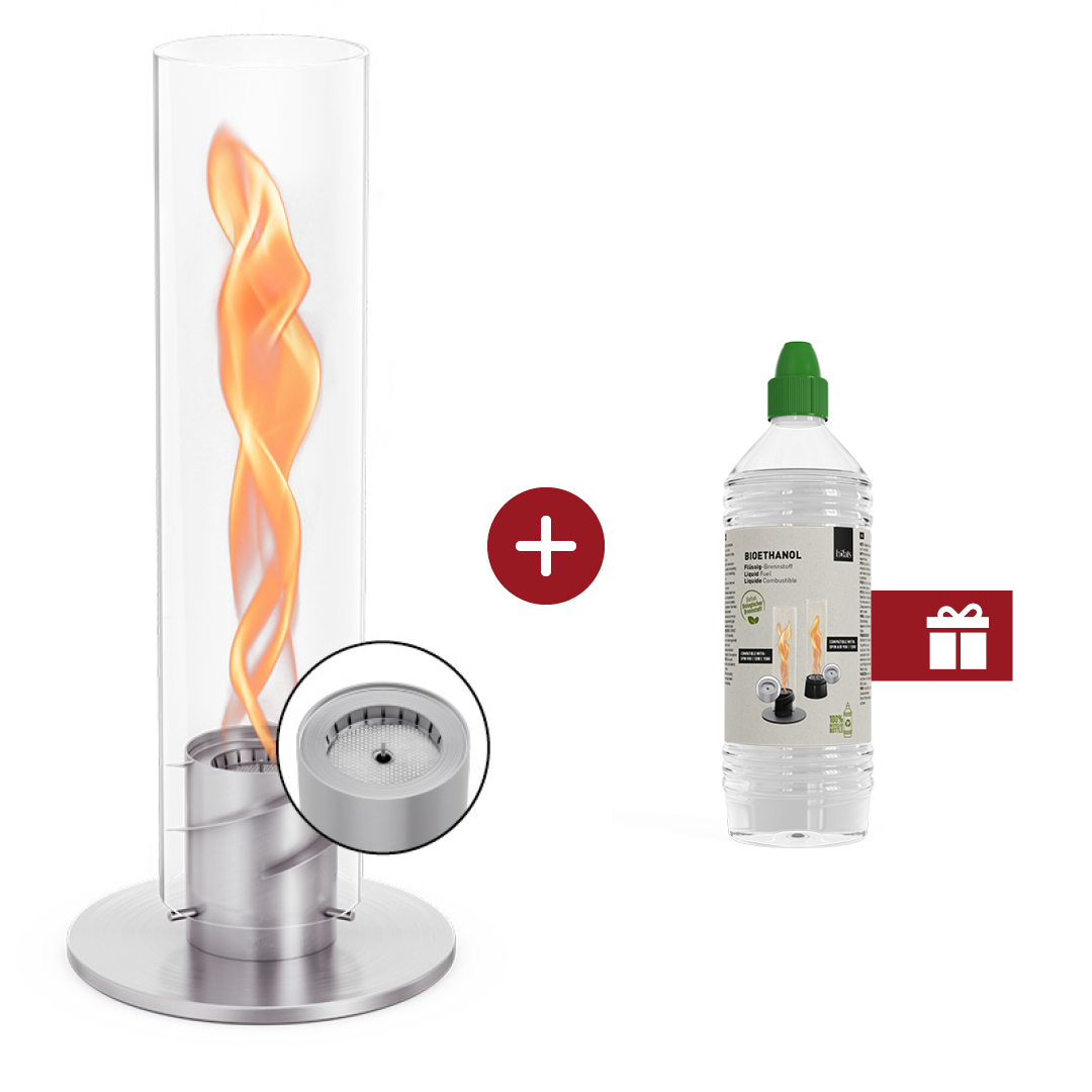 SPIN 1500 Pedestal Fireplace silver An inviting scene with a SPIN and a bottle of ethanol with a gift lable on it