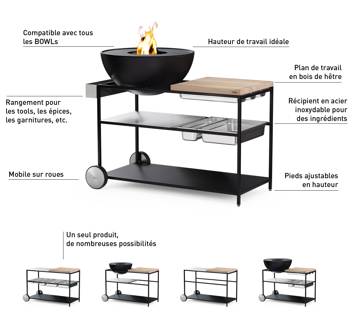 Une image montrant un barbecue avec un dessus en bois et des pieds en acier, avec la FIRE KITCHEN.